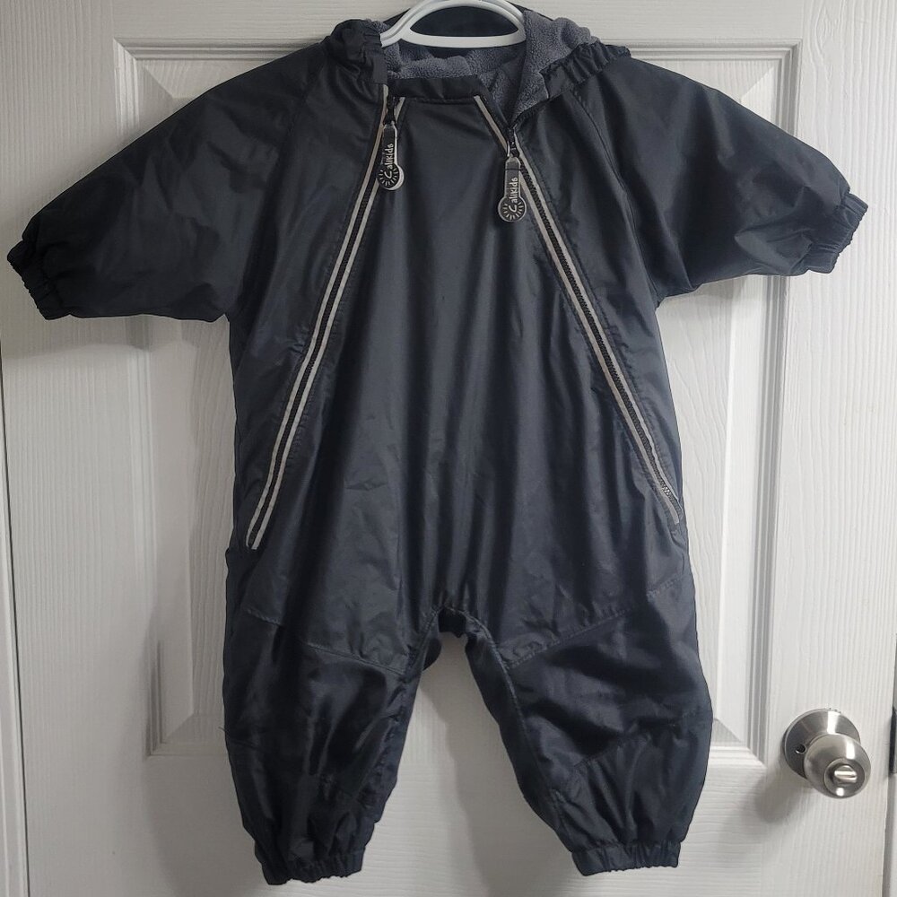 #261 Calikids Lined Black Reflective Muddy Buddy sz 12 Months